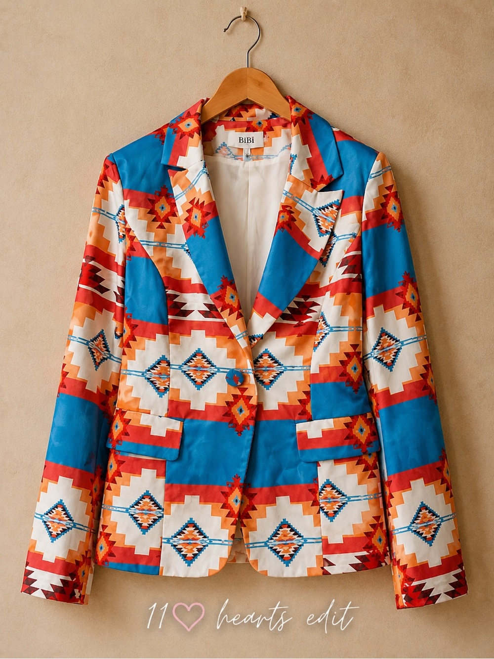 BiBi Southwestern Geometric Western Boho Blazer Jacket Blue Orange NWOT